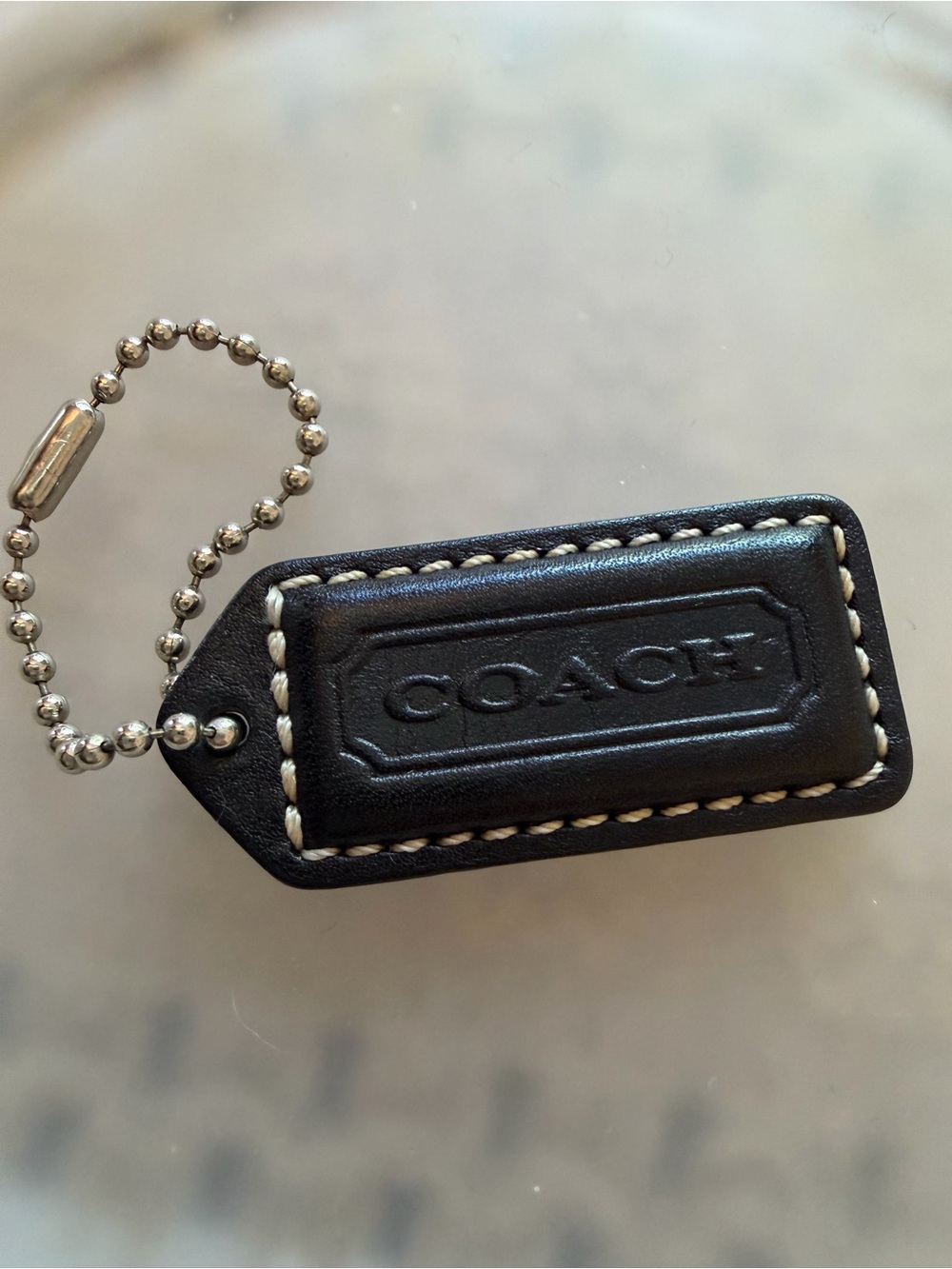 Coach Black Leather Hang Tag Fob Stitching with Silver Tone Ball Chain